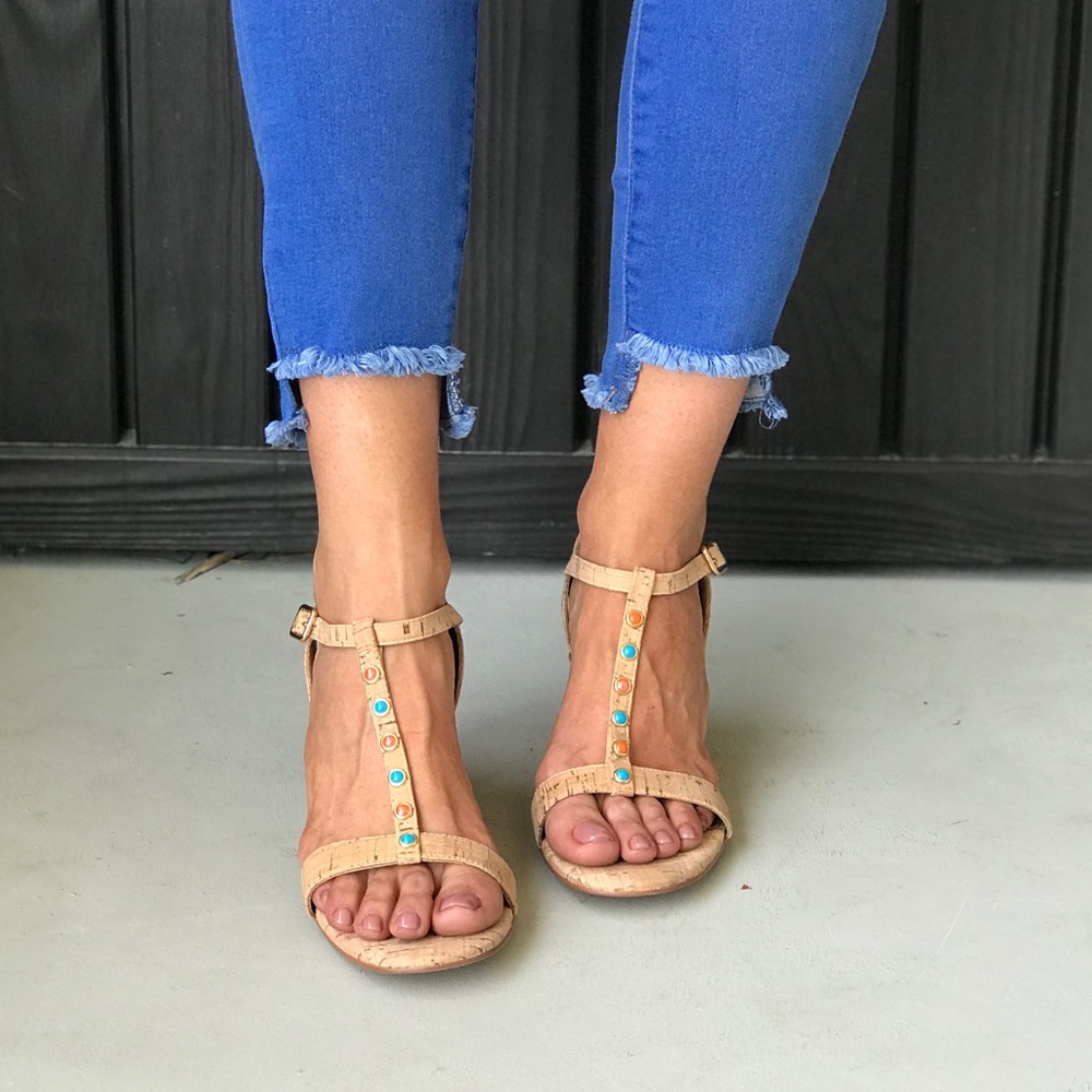Embellished Natural Cork Low Block Heel Sandal - Picture 2 of 8